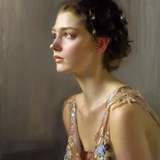 Prompt: a high fashion studio stunning backlit portrait of frowning german girl, painting by gaston bussiere, craig mullins, j. c. leyendecker