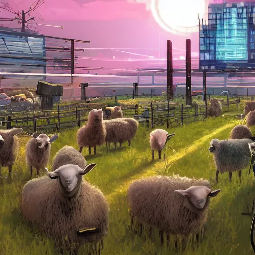 Prompt: cyberpunk farm with cybersheep