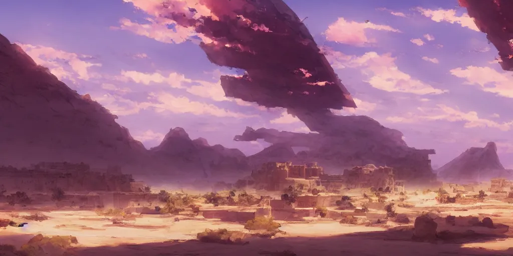 Image similar to a stunning desert landscape with an arabian palace on the horizon by makoto shinkai