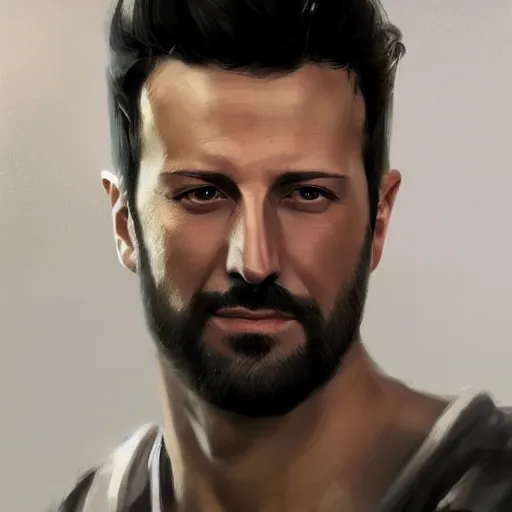 Prompt: portrait of maksim chmerkovskiy by greg rutkowski, young, attractive, highly detailed portrait, scifi, digital painting, artstation, concept art, smooth, sharp foccus ilustration, artstation hq