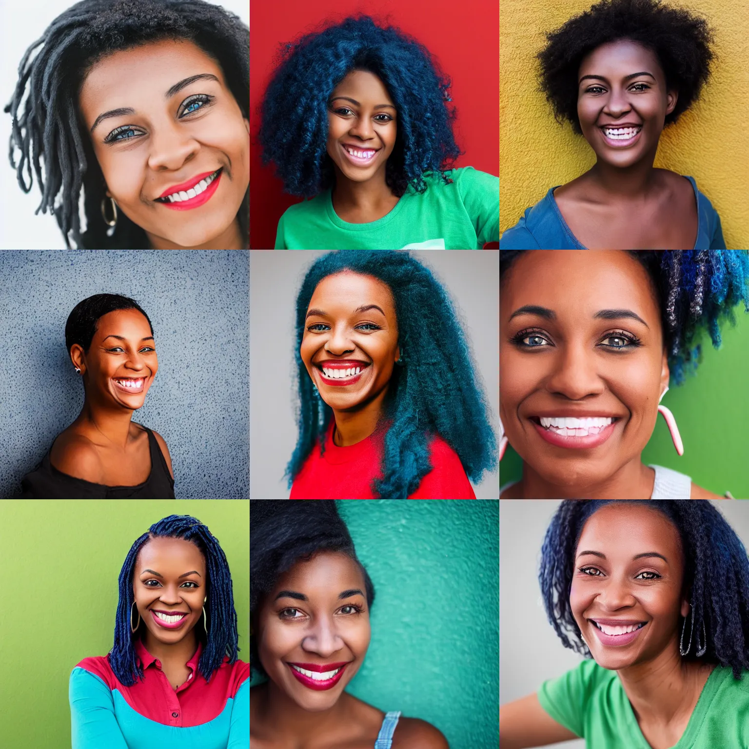 Prompt: a very detailed photo of a single black woman with blue hair and green eyes smiling with a red shirt, portrait, realistic, photograph