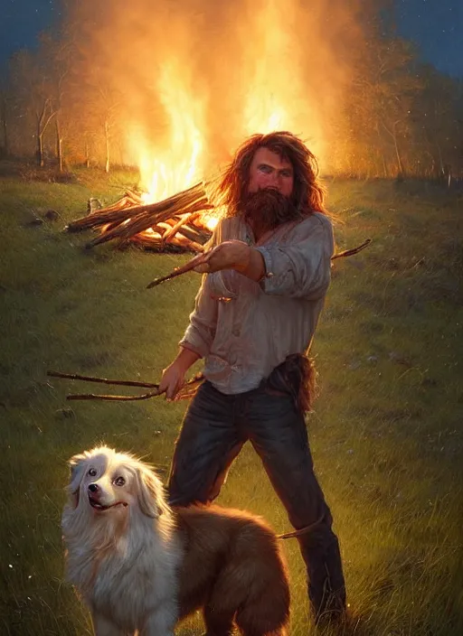 Image similar to highly detailed portrait of long - haired hillbilly around a bonfire with his fluffy australian shepherd, stephen bliss, art by greg rutkowski, loish, rhads, ferdinand knab, makoto shinkai and lois van baarle, artgerm, pixar, ilya kuvshinov, rossdraws, tom bagshaw, global illumination