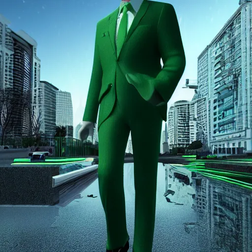 Prompt: a man with an elegant green suit, photography, 3 d render, at night, buildings, dinosaur, water