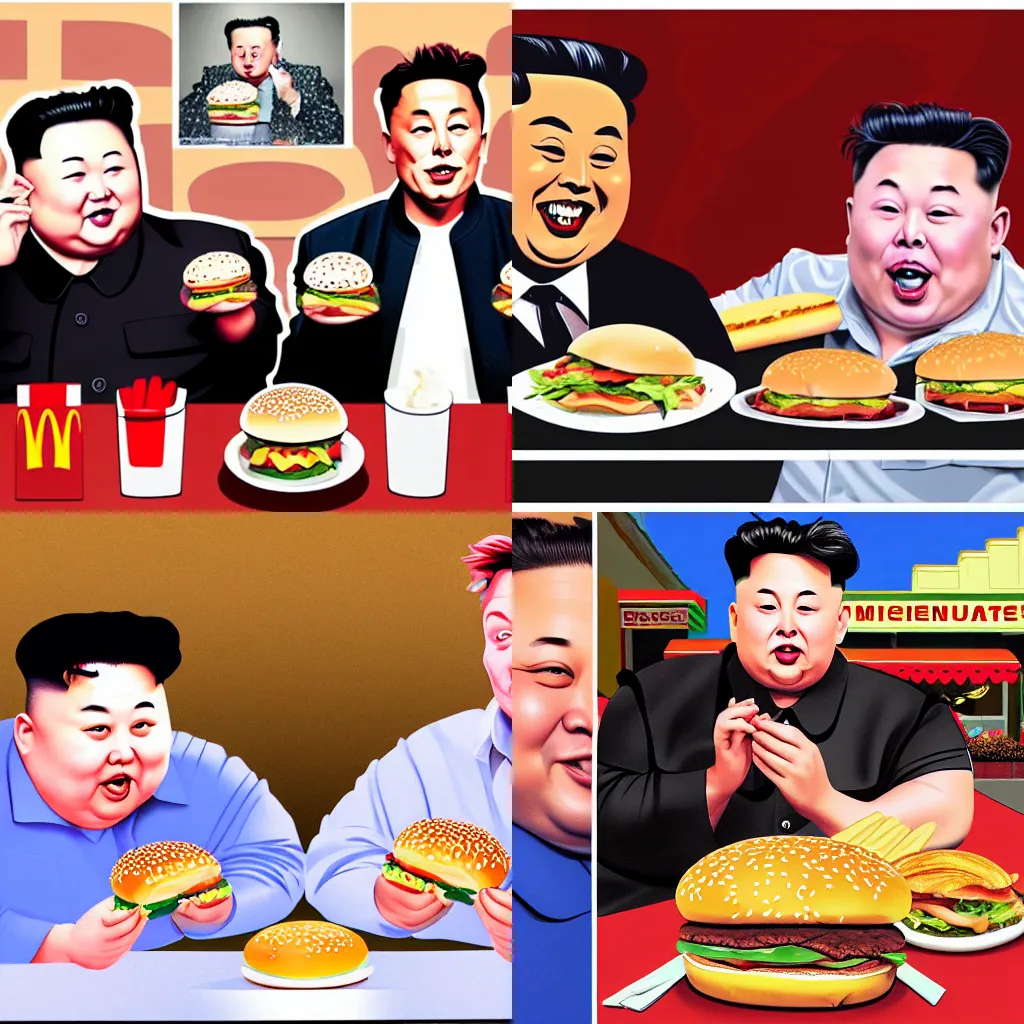 Prompt: thick obese kim jong un and elon musk eating mcdonalds hamburgers at a nightly cafe in the middle of paris, ultra realistic photograph, award winning, masterpiece, anatomically correct, full body