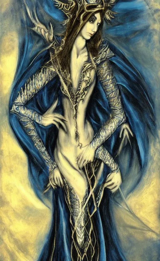 Image similar to Gothic princess in dark and blue dragon armor. By El Greco, fractal flame, highly detailded