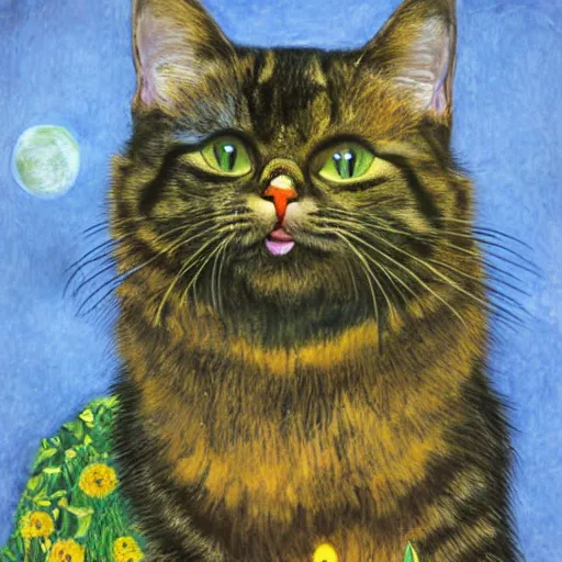 Image similar to portrait of a very fluffy dark tabby cat with green eyes, happy cat, canned food, moonlight, full body, smiling cat, golden colors, flowers, intricate, elegant, highly detailed, smooth, sharp focus, illustration, art by gustav klimt