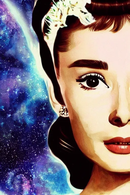 Prompt: Audrey Hepburn as a Celestial Goddess of the Multiverse, close-up, seductive, rule of thirds, captivating look, award winning photo, unreal engine, studio lighting, highly detailed features, interstellar tsunami by James Jean