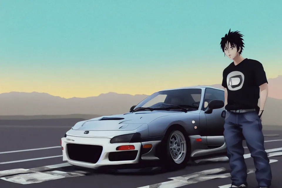 Image similar to aesthetic illustration of ryosuke takahashi with black hair, standing by his glossy white mazda rx 7 on an empty highway at dusk, cinematic lighting, initial d anime 1 0 8 0 p, detailed anime face, high detail, 9 0 s anime aesthetic, volumetric lights, rule of thirds, unreal engine 5 render, pinterest wallpaper, trending on artstation