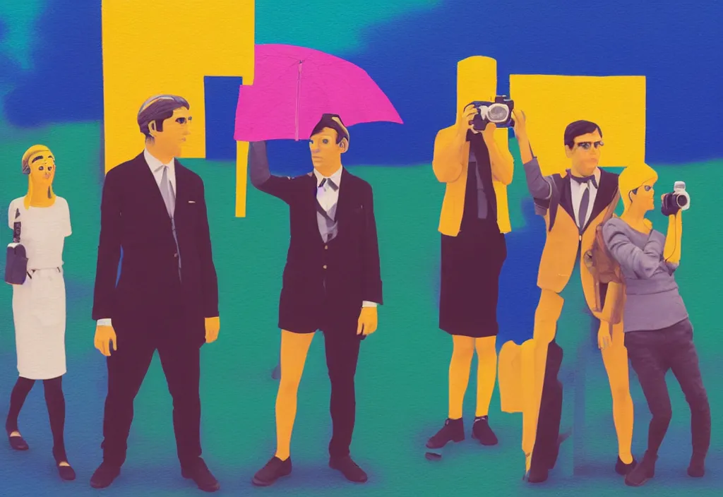 Image similar to full body portrait of a trio of european tourists with nikon cameras, various poses shooting photos, character designs painting, in the style of wes anderson, rene magritte, lola dupre, david hockney, isolated on white background, dark monochrome neon spraypaint accents volumetric octane render