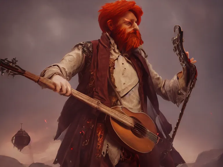 Prompt: Musical Red Headed Slender Male Bard looking Shifty, RPG Character Reference, Oil Painting, Trending on Artstation, octane render, Insanely Detailed, 8k, HD