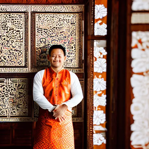 Image similar to A Photo Portrait of Joe Wearing Indonesian Batik Tulis at a fancy Balinese restaurant, award winning photography, sigma 85mm Lens F/1.4, blurred background, perfect faces