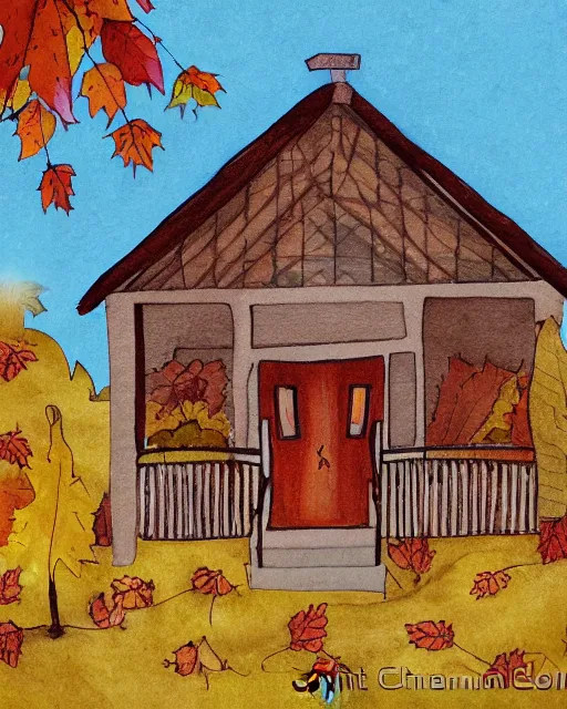Prompt: autumn hill cabin man illustration by arti chauhan