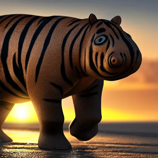 Image similar to a closeup photorealistic photograph of a cute stylish tiger hippo playing volleyball at the beach during sunset. Surf in the background. This 4K HD image is Trending on Artstation, featured on Behance, well-rendered, extra crisp, features intricate detail and the style of Unreal Engine.