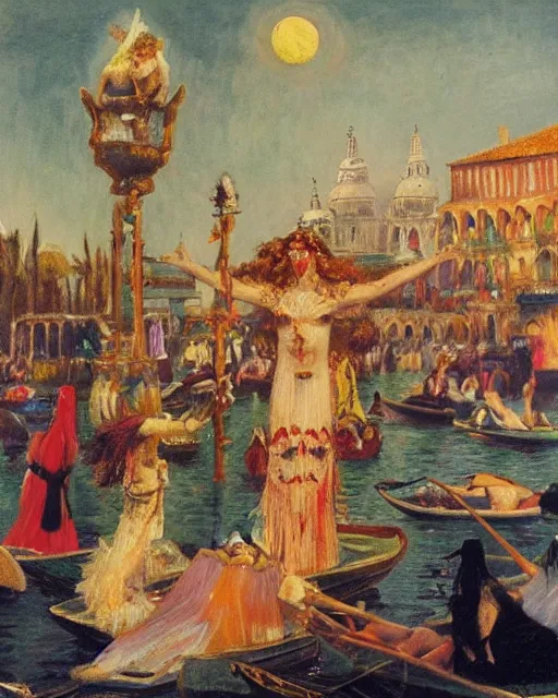 Image similar to magical pagan venice with occult atmosphere and carneval paganism rituals, style of australian tonalism