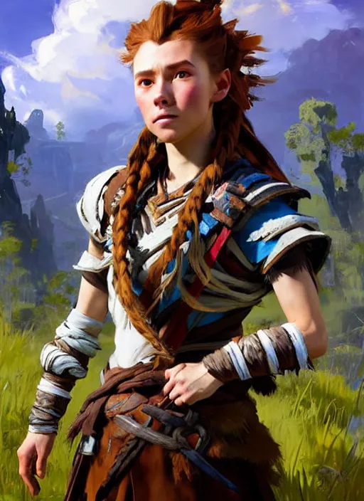 Image similar to portrait of a european Aloy from Horizon Zero Dawn in the style of League of Legends practicing, countryside, calm, fantasy character portrait, dynamic pose, above view, sunny day, thunder clouds in the sky, artwork by Jeremy Lipkin and Giuseppe Dangelico Pino and Michael Garmash and Rob Rey and Greg Manchess and Huang Guangjian, very coherent asymmetrical artwork, sharp edges, perfect face, simple form, 100mm