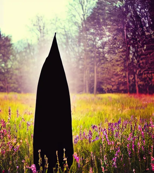 Prompt: tall hooded shadow person figure standing in beautiful meadow of flowers, film photo, grainy, high detail, high resolution