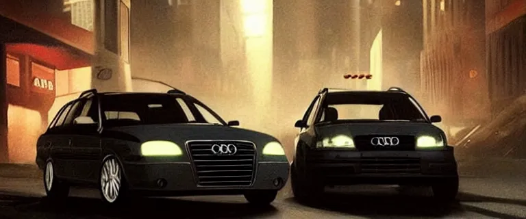 Image similar to Audi A4 B6 Avant (2002) chased by the mafia, a gritty neo-noir, dramatic lighting, cinematic, establishing shot, extremely high detail, photorealistic, cinematic lighting, artstation, by simon stalenhag, Max Payne (PC) (2001) winter new york at night, dark night, bright lights, eldritch horror