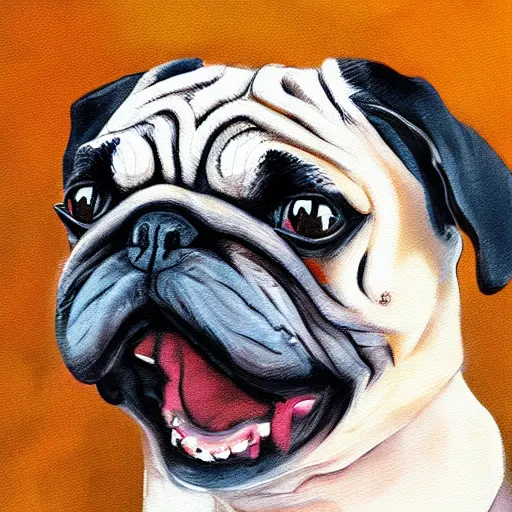 Image similar to vicious roaring pug by Milka Oxana, painterly, digital art. Trending on artstation, post processing, pen and ink work. sharp focus.