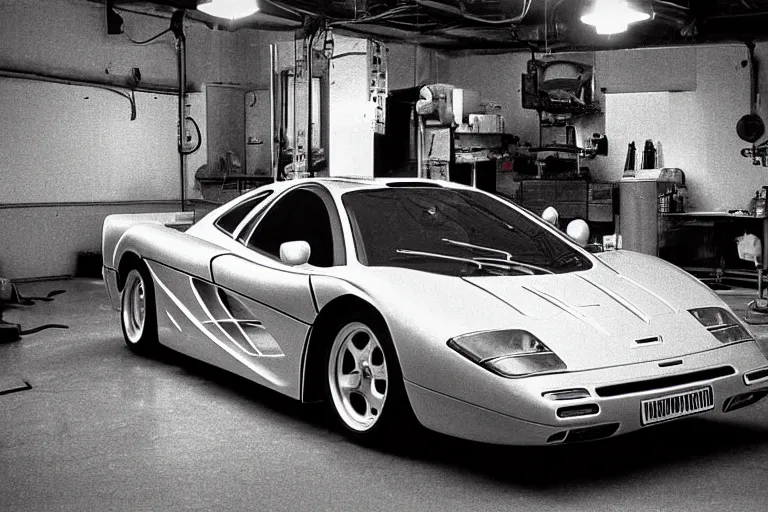 Image similar to McLaren F1, inside of an unlit 1970s auto repair garage, ektachrome photograph, volumetric lighting, f8 aperture, cinematic Eastman 5384 film