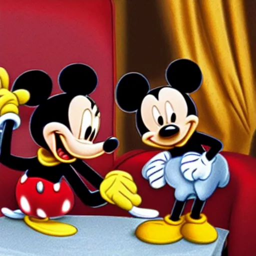 Image similar to Mickey Mouse invites Donald Duck and Goofy to dine in a very fancy restaurant.