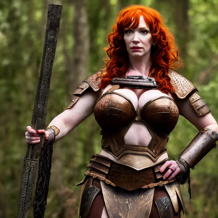 Image similar to full length photograph of a real-life christina hendricks as a amazon warrior, Extremely detailed. 8k