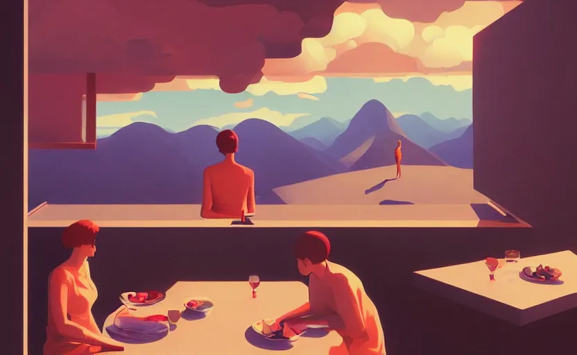 Image similar to eating in heaven, surreal illustration, by atey ghailan and escher and edward hopper,