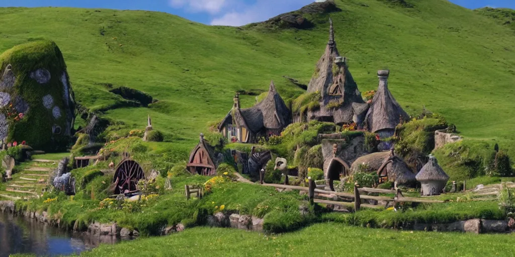 Image similar to a still from howl's moving castle of hobbiton in the shire