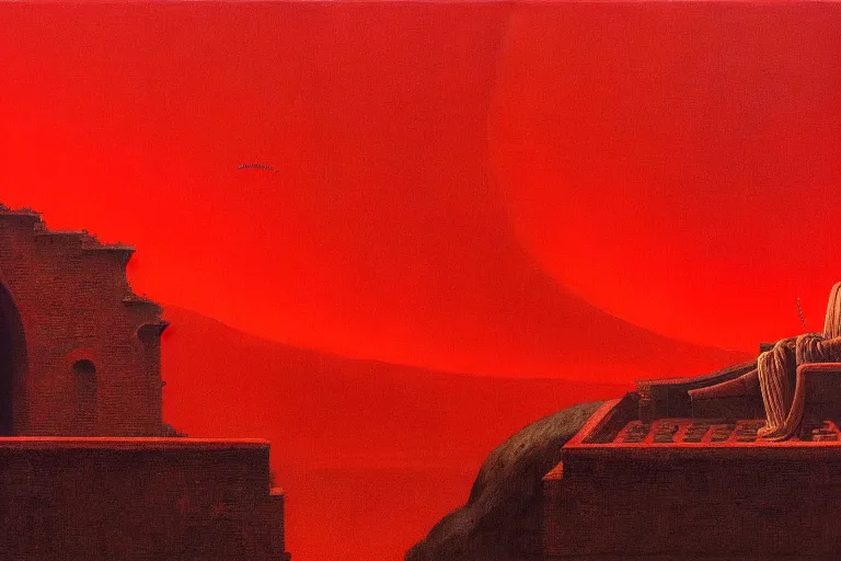 Image similar to only with red, a red melted emperor, taormina amphitheatre, crowd hails him happy, in the style of beksinski, parts by edward hopper, parts by rodcenko, parts by yue minjun, intricate and epic composition, red by caravaggio, insanely quality, highly detailed, masterpiece, red light, artstation, 4 k