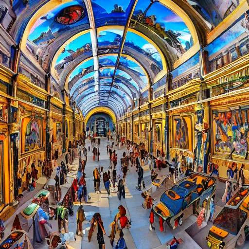 Prompt: a museum filled with incredible amazing giant beautiful murals on the walls and ceilings, unique architecture, multiple levels, tall ceilings, crowded with dozens of visitors, bright sunny day, digital painting, highly detailed, dynamic, 4k photo, realistic, gigapixel