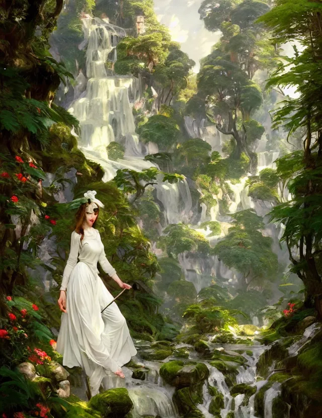 Prompt: beautiful white castle in a mountain forest valley, beautiful landscape, lush foliage, painted by karl kopinsky, john singer sargent, tom bagshaw, norman rockwell, alfonso muha, lolish, trending on artstation