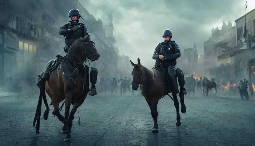 Image similar to police riding a militarized horse through an orwellian town, troops searching the area, action scene, an epic fantasy, dramatic lighting, cinematic, establishing shot, extremely high detail, photorealistic, cinematic lighting, artstation, octane render, by Christopher Nolan, horizon forbidden west