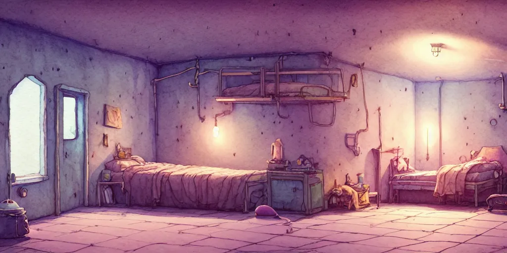 Image similar to room in the sewers, the room is delicate and neat, bed is made, sword rack above the bed, detailed, artstation, 8 k, sci - fi, pastel colors, props, panel, concept, simon stalenhag, in watercolor gouache detailed paintings, moebius, blueprint, building, living room, detailed, posters, sofa