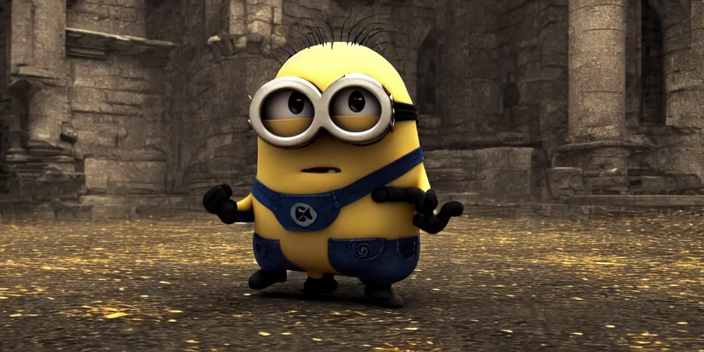 Image similar to minion as a darksouls boss, horror, hd, screenshot,