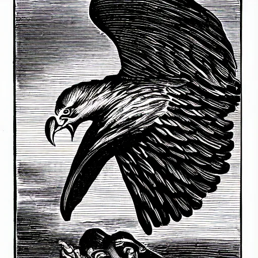 Image similar to a black and white drawing of an eagle attacking a demon, a woodcut by Sir John Tenniel, pixabay, vanitas, woodcut, photoillustration, storybook illustration