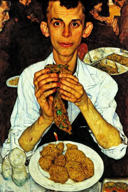 Image similar to portrait of an israeli man eating a falafel in tel aviv, norman rockwell, egon schiele