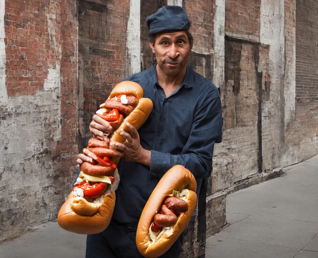 Image similar to closeup portrait of a man carrying a giant hotdog, smoky new york back street, by Annie Leibovitz and Steve McCurry, natural light, detailed face, CANON Eos C300, ƒ1.8, 35mm, 8K, medium-format print