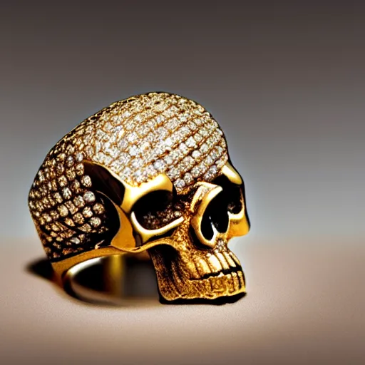 Image similar to a golden skull ring with diamonds around it, national treasure, made in 6 0 0 bc, old, photorealistic, white background, museum collection, 8 5 mm, kodak gold, protected, clean image, hd, uhd, 8 k, highly rendered