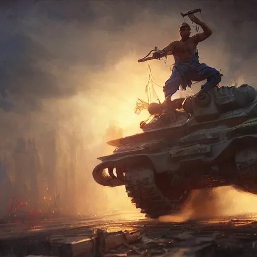 Prompt: a filipino man sitting on a tank holding a scepter and eating popcorn, fantasy, digital painting, volumetric light, intricate, sharp, focus, bloom, illustration, highly detailed, concept art, matte, ruan jia, randy vargas, greg rutkowski