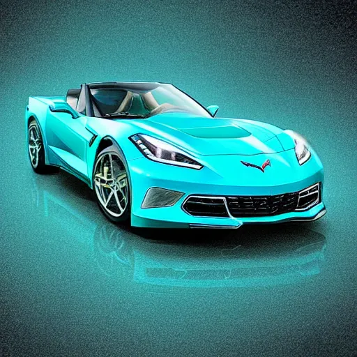 Image similar to a small dark luminous turquoise color liquid water sculpture is hybrid of a corvette convertible, a corvette made out of luminous turquoise color liquid water, viscous, reflective, monochromatic, digital art