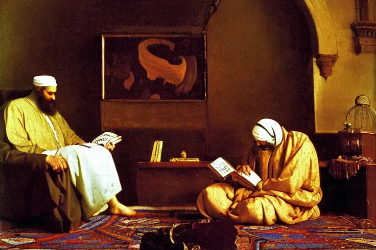 Image similar to the prophet mohammed reading salman rushdies book the satanic verses, being delighted and cheerful, whispering words of wisdom in solidarity, painted by frederick arthur bridgman and jan vermeer, oil on canvas