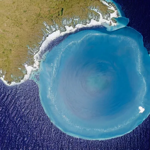 Prompt: satellite view of island in the middle of the ocean
