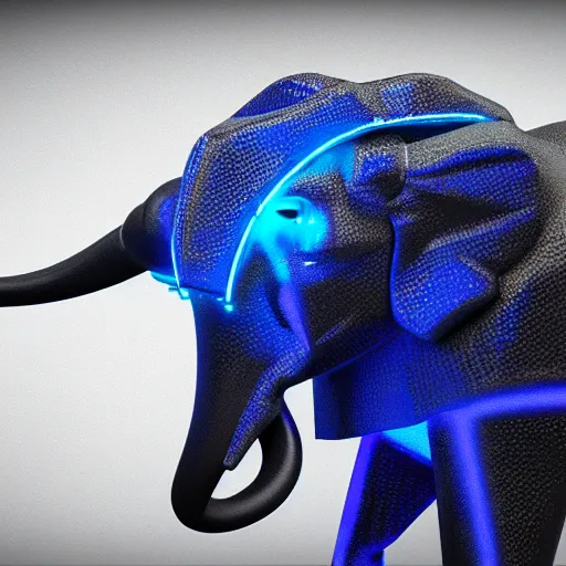 Prompt: hyper realistic cybertronic elephant. high details of body and face. complex aetheral mechanical body. blue led. cyberpunk style, intricate, trending on art station, 8 k render.