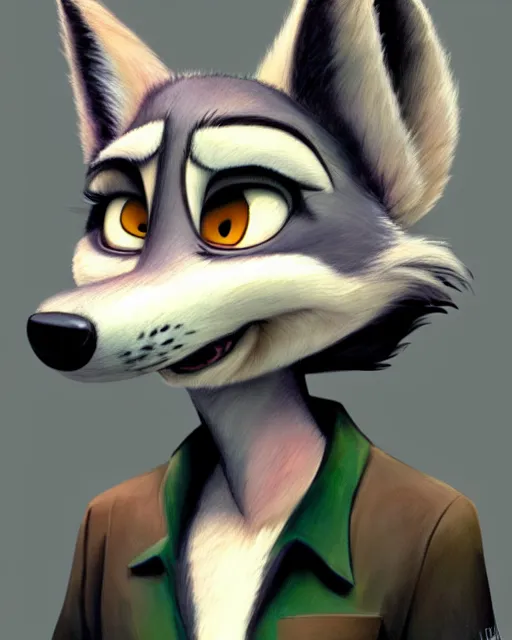 Image similar to oil painting of anthromorphic female wolf, in style of zootopia, zootopia, zootopia, fursona, furry, furaffinity, 4 k, deviantart, furry art, fursona art, wearing black business suit, business suit, in style of zootopia, wolf fursona, cyberpunk, female, expressive detailed feminine face,