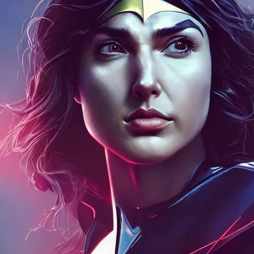 Image similar to a close up face of Gal Gadot as Batwoman by Greg Rutkowski, Sung Choi, Mitchell Mohrhauser, Maciej Kuciara, Johnson Ting, Maxim Verehin, Peter Konig, Zack Snyder, 8k photorealistic, cinematic lighting, HD, high details, dramatic, trending on artstation,