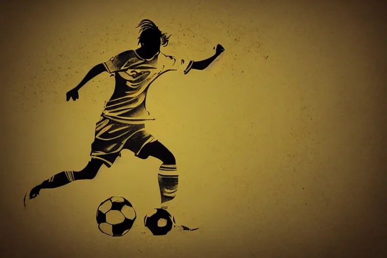 Prompt: beautiful serene soccer player, healing through motion, minimalistic golden ink airbrush painting on white background