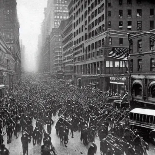 Image similar to old black and white photo, 1 9 1 3, depicting a biomechanical alien war machine rampaging through the bustling streets of new york city, historical record