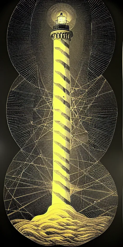 Image similar to an epic lighthouse radiates a unique canto'as above so below'while being ignited by the spirit of haeckel and robert fludd, breakthrough is iminent, glory be to the magic within, in honor of saturn, painted by ronny khalil