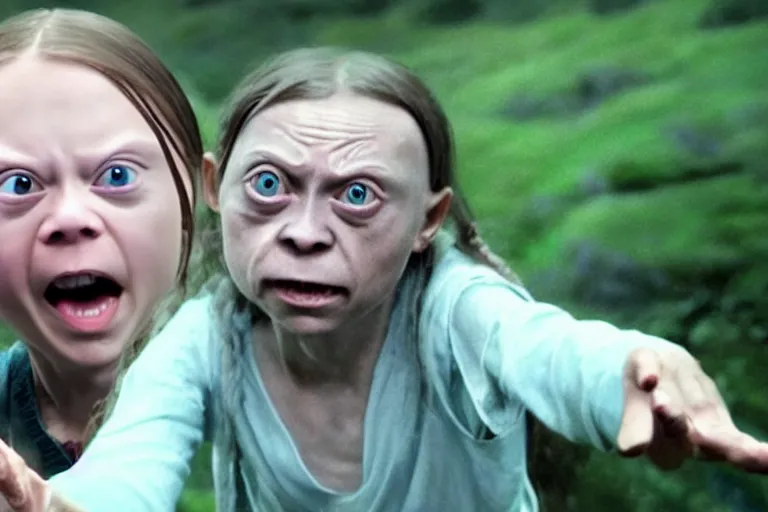 Image similar to greta thunberg as gollum, holding the ring, still shot from the new lord of the rings movie