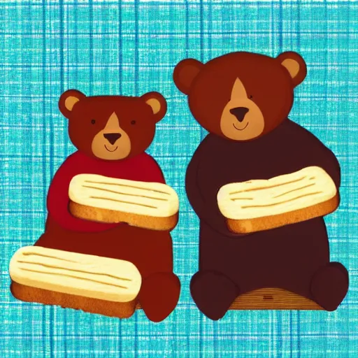 Prompt: two bears making sandwiches