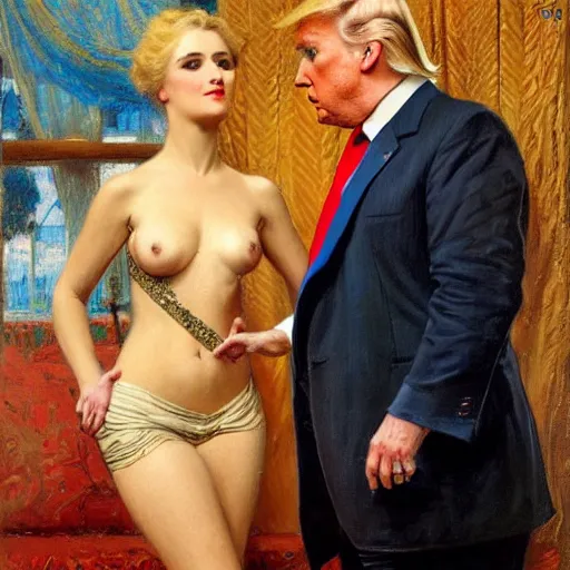 Image similar to attractive fully clothed donald trump confesses his love for his attractive roger stone. highly detailed painting by gaston bussiere and j. c. leyendecker 8 k